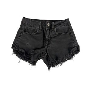 American Eagle Hi-Rise Festival Shorts 4 Washed Black Frayed Hem Stretch Denim